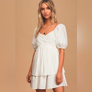 Lulus A Little Romance Ivory Tiered Puff Sleeve Mini Dress